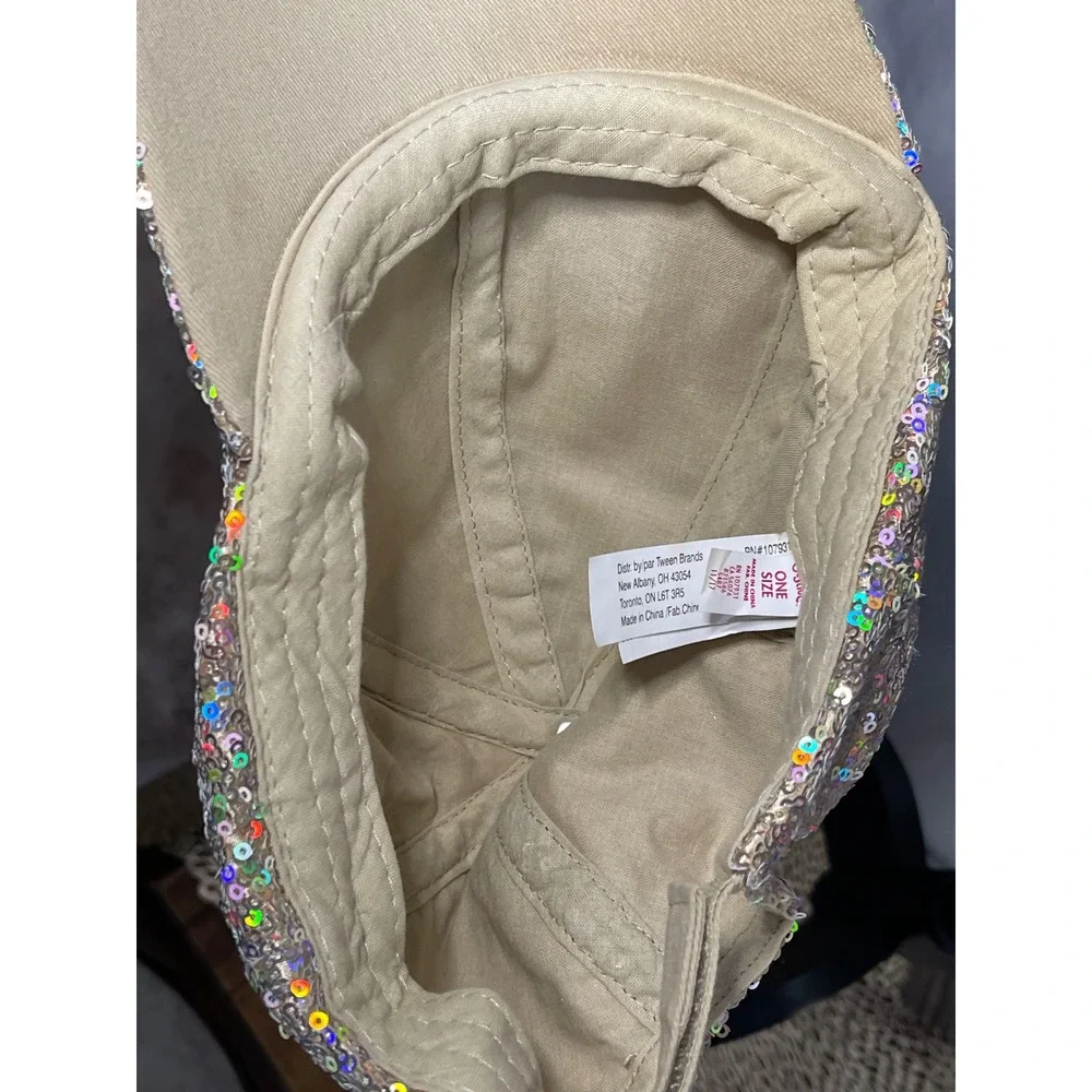 Justice Baseball Cap Kids One Size Tan Good Iridescent Sequin Adjustable Hat